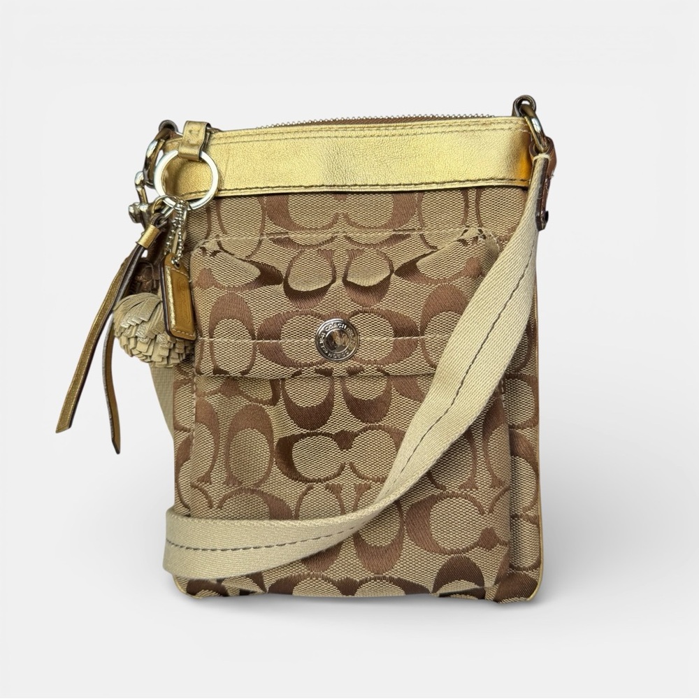 Coach Signature Jacquard Leather Trim Crossbody Bag Khaki Brown Y2K